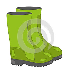Green rubber boot. Work safety shoes. Comfortable seasonal shoes for rainy weather.