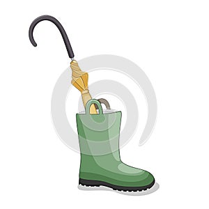 Green rubber boot with yellow umbrella inside on white background stock vector illustration.