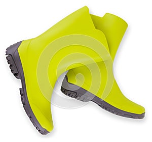 green rubber boots, top view isolated on white background with clipping path, spring concept for home gardening or vegetable