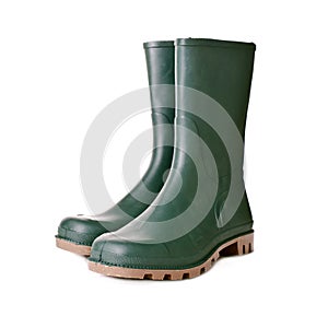 Green rubber boots on white background