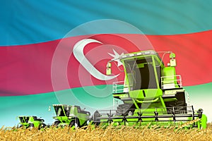 green rural agricultural combine harvester on field with Azerbaijan flag background, food industry concept - industrial 3D