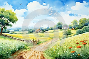 Green rural grass field nature meadow watercolor summer landscape background sky illustration