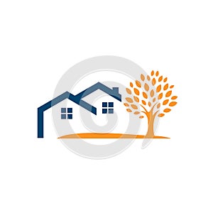 green rural house and tree realty logo vector illustration