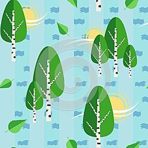 Green russian birch trees seamless vector pattern background