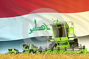Green rye agricultural combine harvester on field with Iraq flag background, food industry concept - industrial 3D illustration