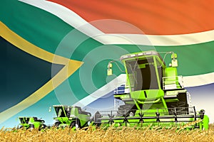 Green rye agricultural combine harvester on field with South Africa flag background, food industry concept - industrial 3D