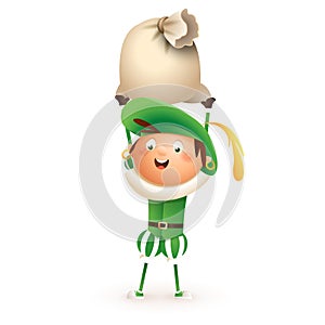 Green Saint Nicholas helper with gift bag - isolated on white background