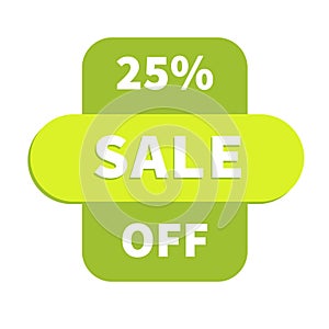 Green sale button with 25 percent discount isolated on white background.