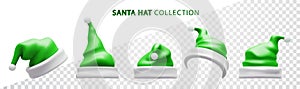 Green Santa hat collection isolated. Christmas holiday realistic accessory