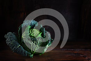 Green savoy cabbage, a healthy winter vegetable, whole head on dark and moody rustic wood with copy space