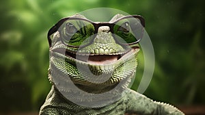 green scale wildlife glasses close-up iguana animal reptile lizard portrait. Generative AI.