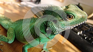 Green, scales and closeup of an iguana in a house for adventure, exploring or a unique creature. Pet, home and a lizard
