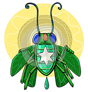 green scarab beetle with a golden disc