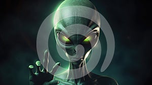 Green scary alien raising his hand, mysterious ufo design on black background. Generative ai
