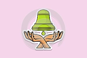 Green School Bell with People Hands Sticker design vector illustration. Alert and alarm objects icon design concept.