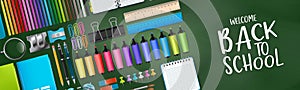 Green school board banner background with colorful bright education 3d realistic supplies. Design for advertisement, magazine, boo