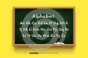 green school board with chalk on a bright yellow background. English alphabet written in chalk on a blackboard. vector