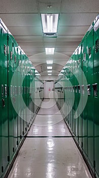 Green school lockers lining a corridor