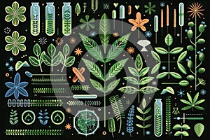 Green science research vector illustration. Eco molecular sciences, biotechnology. Plants, ecology photo