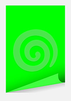 Green screen a4 paper blank curl corner template isolated on white background, sticker sheet of paper curl green a4 paper template