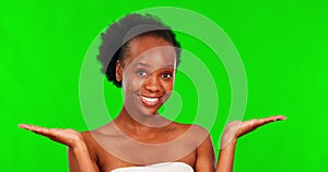 Green screen, beauty face and happy black woman comparison, spa cosmetics decision or scale balance of makeup. Chroma
