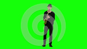 Green screen. Blues melodies performed by musician on the saxophone