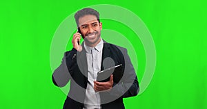 Green screen, business man and walking with phone call on smartphone, communication or networking negotiation with