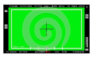 Green screen, chromakey background. Blank green background with VFX motion tracking markers. Screen of modern digital camcorders.