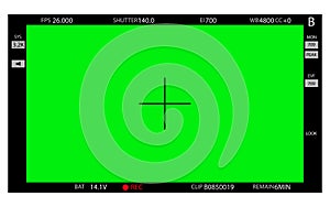 Green screen, chromakey background. Blank green background with VFX motion tracking markers. Screen of modern digital camcorders.