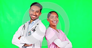 Green screen, doctor and nurse together with arms crossed for collaboration, teamwork and professional healthcare