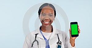 Green screen, doctor and portrait of black woman with phone for telehealth, wellness app and medical news. Healthcare
