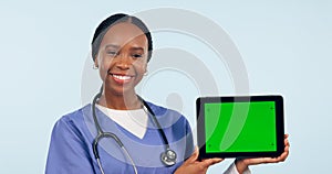 Green screen, doctor and portrait of black woman with tablet for telehealth, wellness and medical news. Healthcare