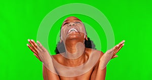 Green screen face, beauty and black woman excited over cosmetics treatment, natural facial makeup or spa results. Chroma