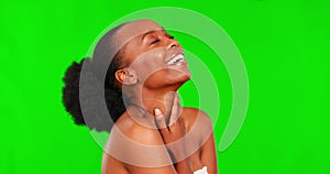 Green screen face, skincare and happy black woman feeling smooth skin results of cosmetic treatment, makeup or spa