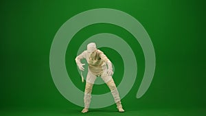 Green screen isolated chroma key photo capturing a crooked mummy staggering, walking towards the camera with its arms