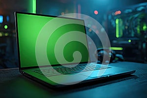 Green Screen Laptop in a Dark Lit Gaming Room