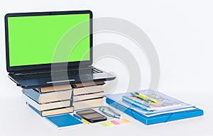 Green screen laptop, smartphone, glasses, notebook, pens, book on white table, education office concept background