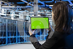 Green screen mockup tablet, cloud computing and admin in data center
