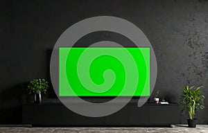 Green screen mockup tv. Modern Living Room Interior With Smart Tv, black wall, And Potted Plant