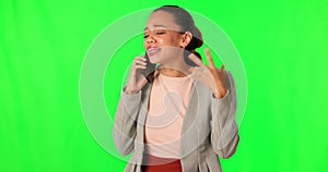 Green screen, phone call or business woman stress over wrong decision, communication mistake or problem. Chroma key