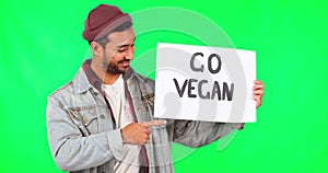Green screen, pointing and man with a go vegan sign to promote or support a healthy lifestyle using a poster. Activist