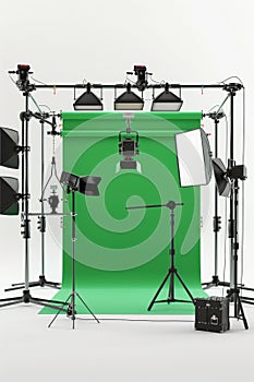 Green screen setup with multiple studio lights and a mounted camera