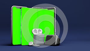 Green screen smartphones and accessories on the presentation background 3d render on darck blue