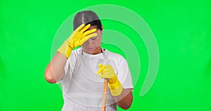 Green screen, tired cleaner and portrait of woman with gloves, fatigue and burnout from cleaning, work or washing on