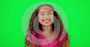 Green screen, youth face and child laugh at funny joke, kid friendly humour or cheerful joy for young children. Chroma