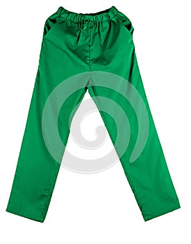 Green scrubs uniform isolated on white background with copy space. Green pants for veterinarian, doctor or nurse