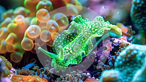 A green sea slug is gliding through a coral reef ecosystem