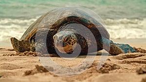 A green sea turtle in beach to lay eggs Oahu