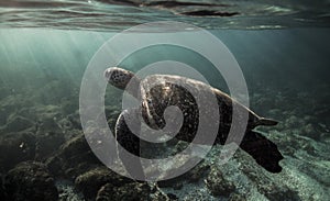 Green sea turtle Chelonia mydas swimming underwater in the Galapagos Islands