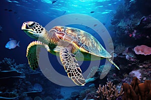 Green sea turtle in the coral reef. 3d render illustration, Hawksbill Turtle in deep sea, AI Generated
